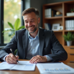 Homme d'affaires souriant dans un bureau moderne en train d'examiner des documents immobiliers