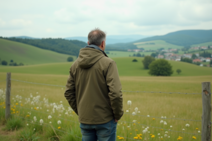 Homme d'âge moyen dans un champ vert avec collines