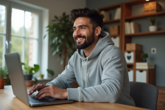 Homme détendu travaillant sur son ordinateur à la maison