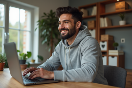 Homme détendu travaillant sur son ordinateur à la maison