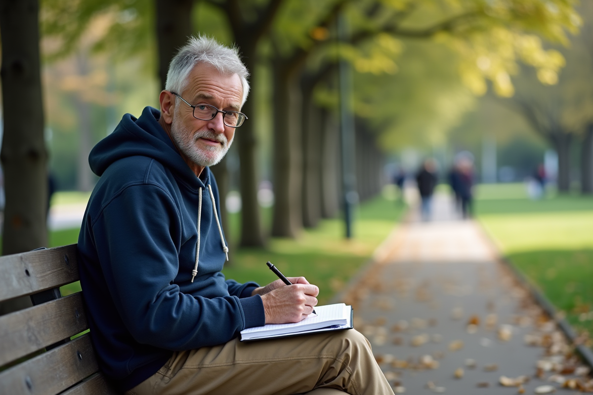 Homme sketchant dans un parc en plein air