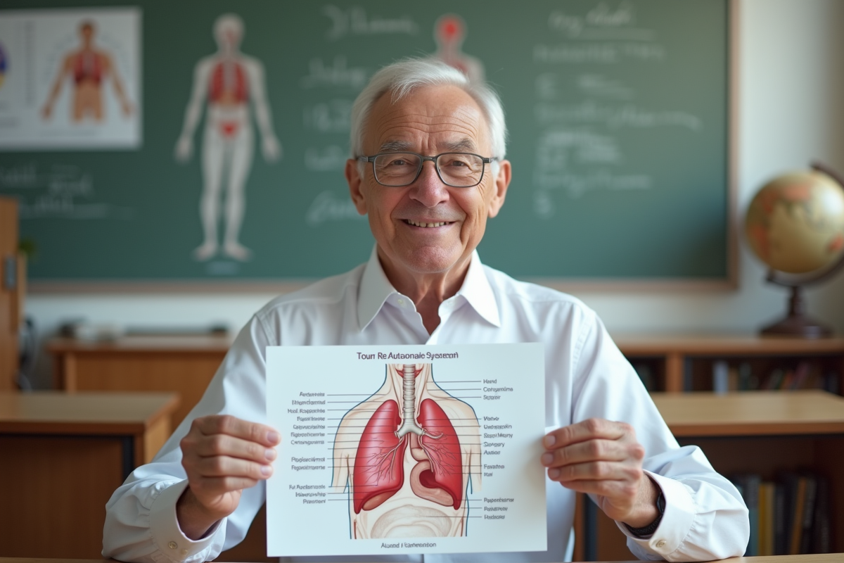 Homme âgé montrant un diagramme du systeme respiratoire