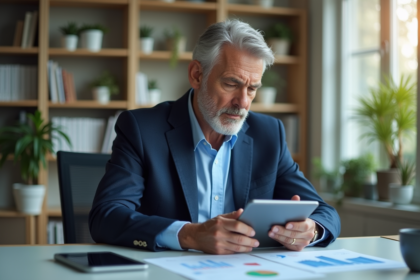 Homme d'affaires en costume analysant des graphiques financiers