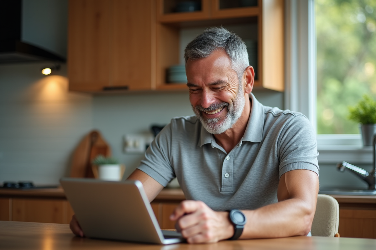 Homme gérant ses dépenses avec une tablette dans la cuisine