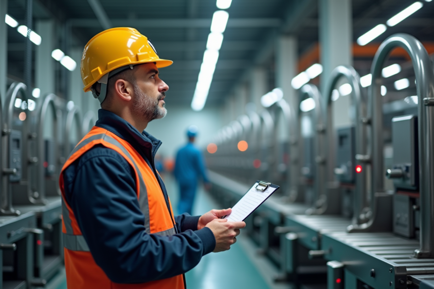 Homme en veste de sécurité observant une machine industrielle