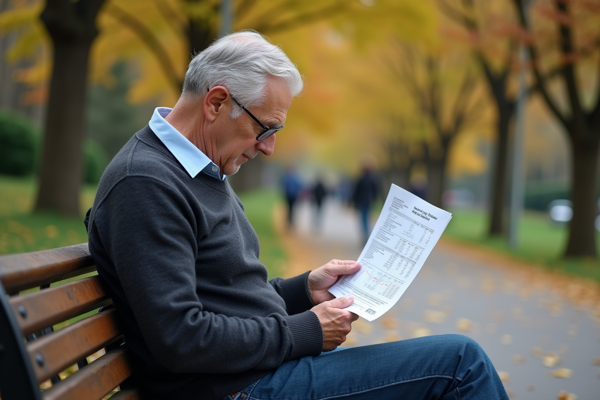 Homme âgé lisant un rapport financier sur un banc de parc