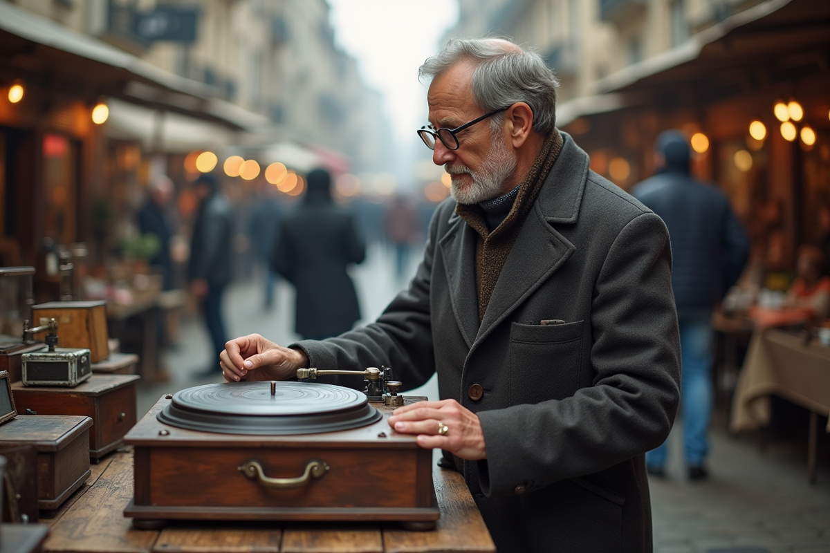Homme examinant un tourne-disque au marché aux puces