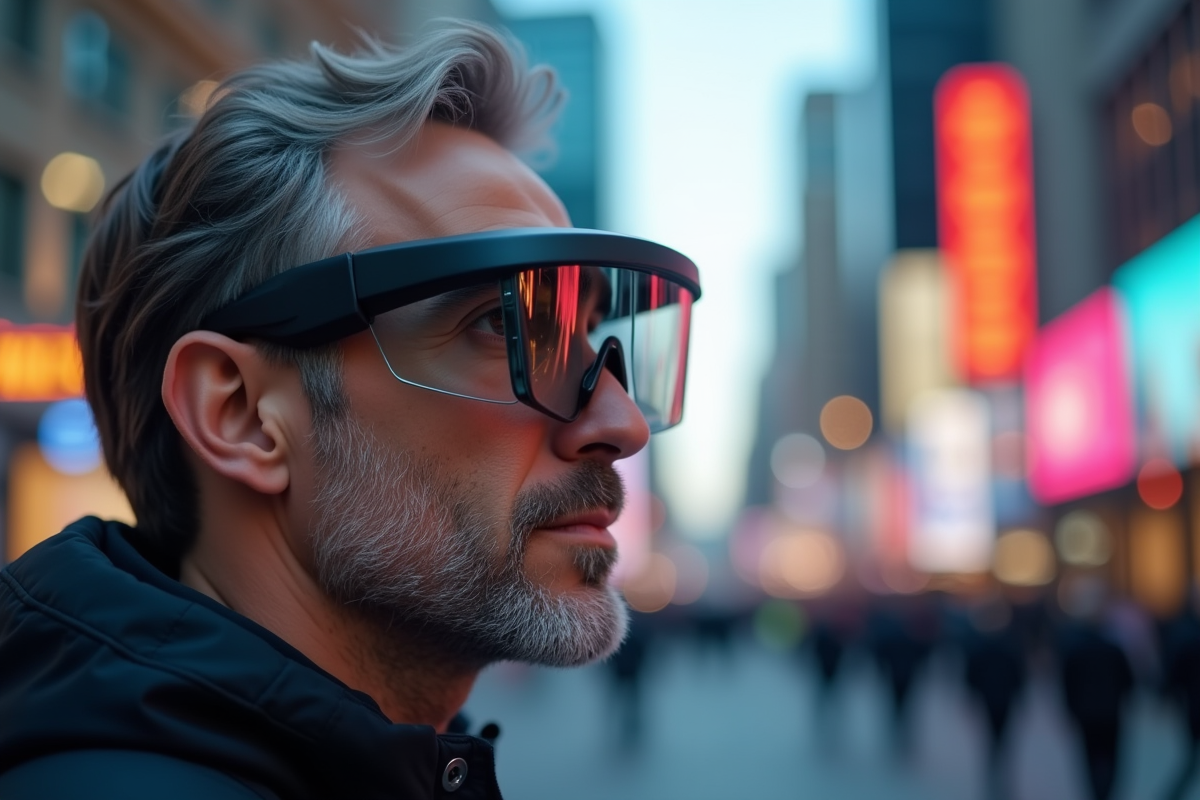 Homme avec lunettes futuristes dans une rue urbaine