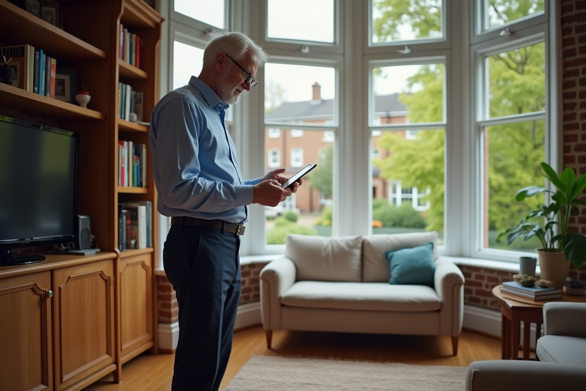 Homme âgé utilisant une tablette pour comparer des valeurs immobilières