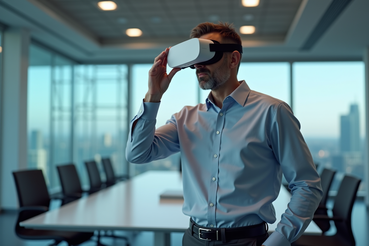 Homme d age moyen retirant un casque VR dans un bureau moderne