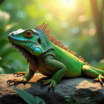 Iguane vert au soleil dans la forêt tropicale