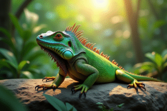 Iguane vert au soleil dans la forêt tropicale