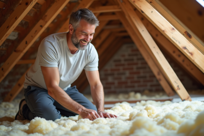 Homme inspectant l'isolation dans un grenier rénové