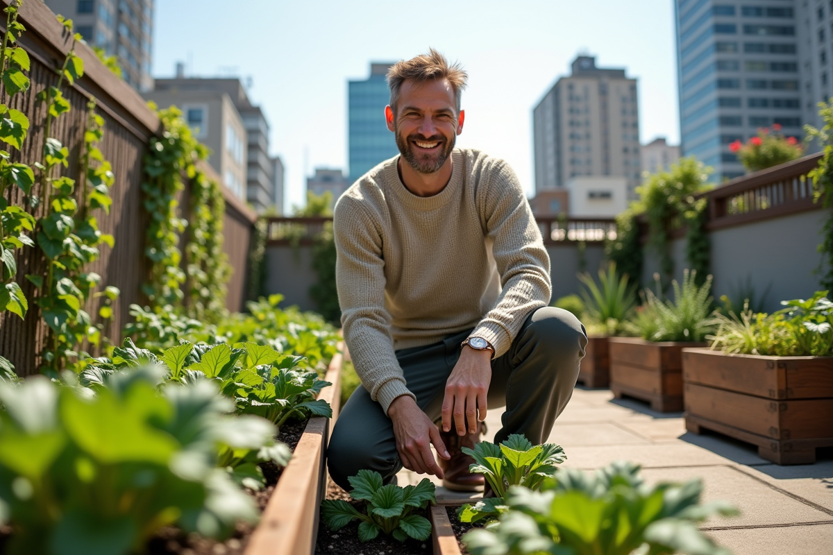 Homme cultivant un jardin urbain sur un toit ensoleille