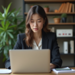Jeune femme professionnelle travaillant sur son ordinateur dans un bureau moderne