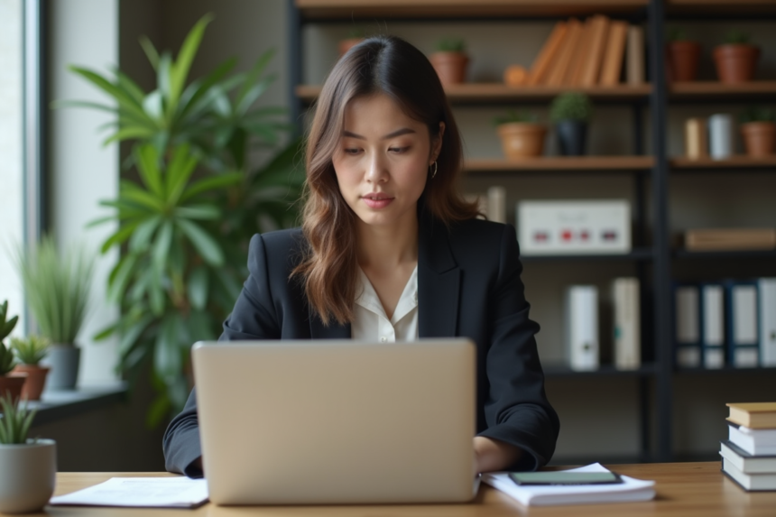 Jeune femme professionnelle travaillant sur son ordinateur dans un bureau moderne