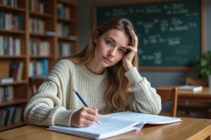 Jeune femme concentrée en mathématiques dans une bibliothèque
