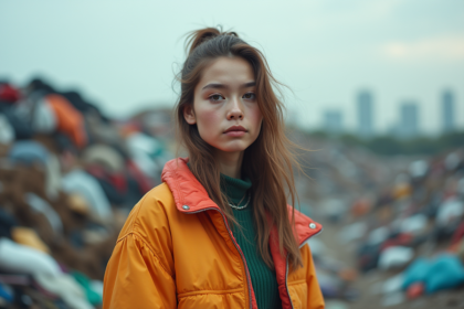 Jeune femme devant une décharge de vêtements usagés