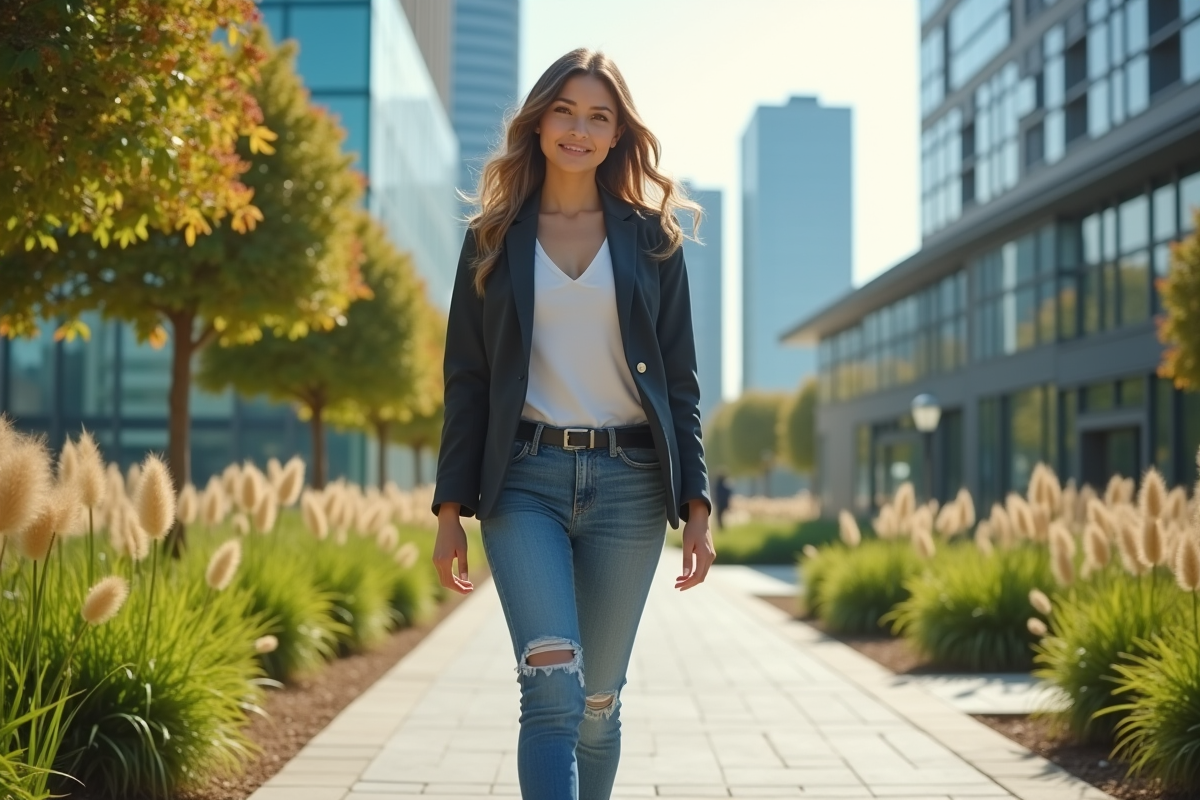 Jeune femme milliardaire marchant dans un campus technologique vert