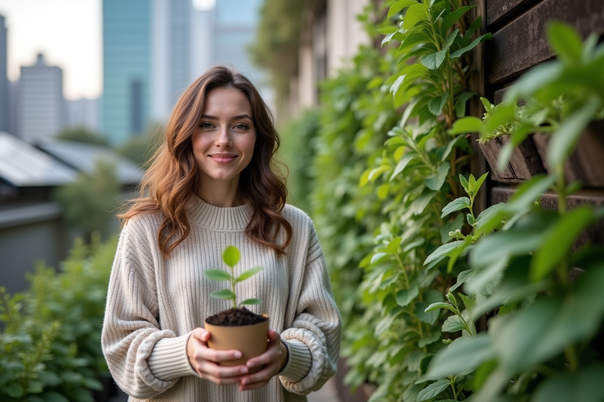 Jeune femme avec jeune plant dans un jardin vertical