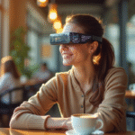 Jeune femme portant des lunettes connectees au café