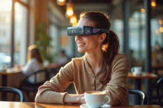 Jeune femme portant des lunettes connectees au café