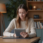 Jeune femme concentrée utilisant une tablette dans un bureau moderne