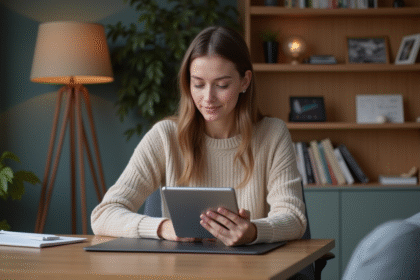 Jeune femme concentrée utilisant une tablette dans un bureau moderne