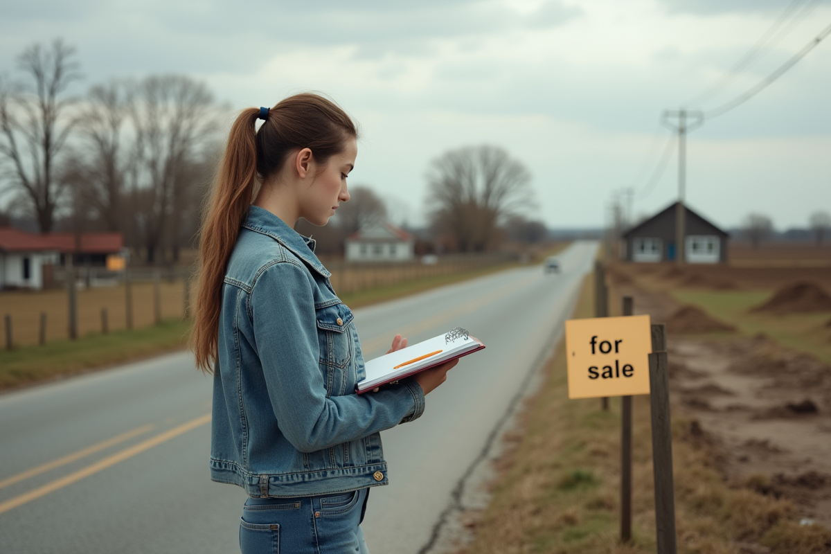 Jeune femme regardant une pancarte à vendre dans la campagne