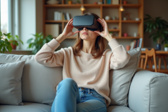 Jeune femme en salon portant un casque VR avec curiosite
