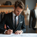 Jeune homme en costume avantgarde sketchant dans un atelier de mode