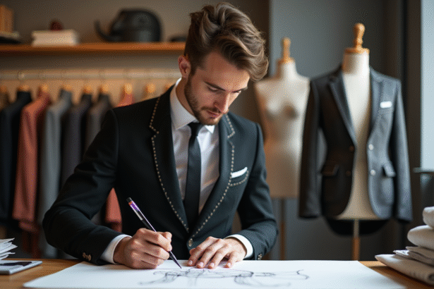 Jeune homme en costume avantgarde sketchant dans un atelier de mode