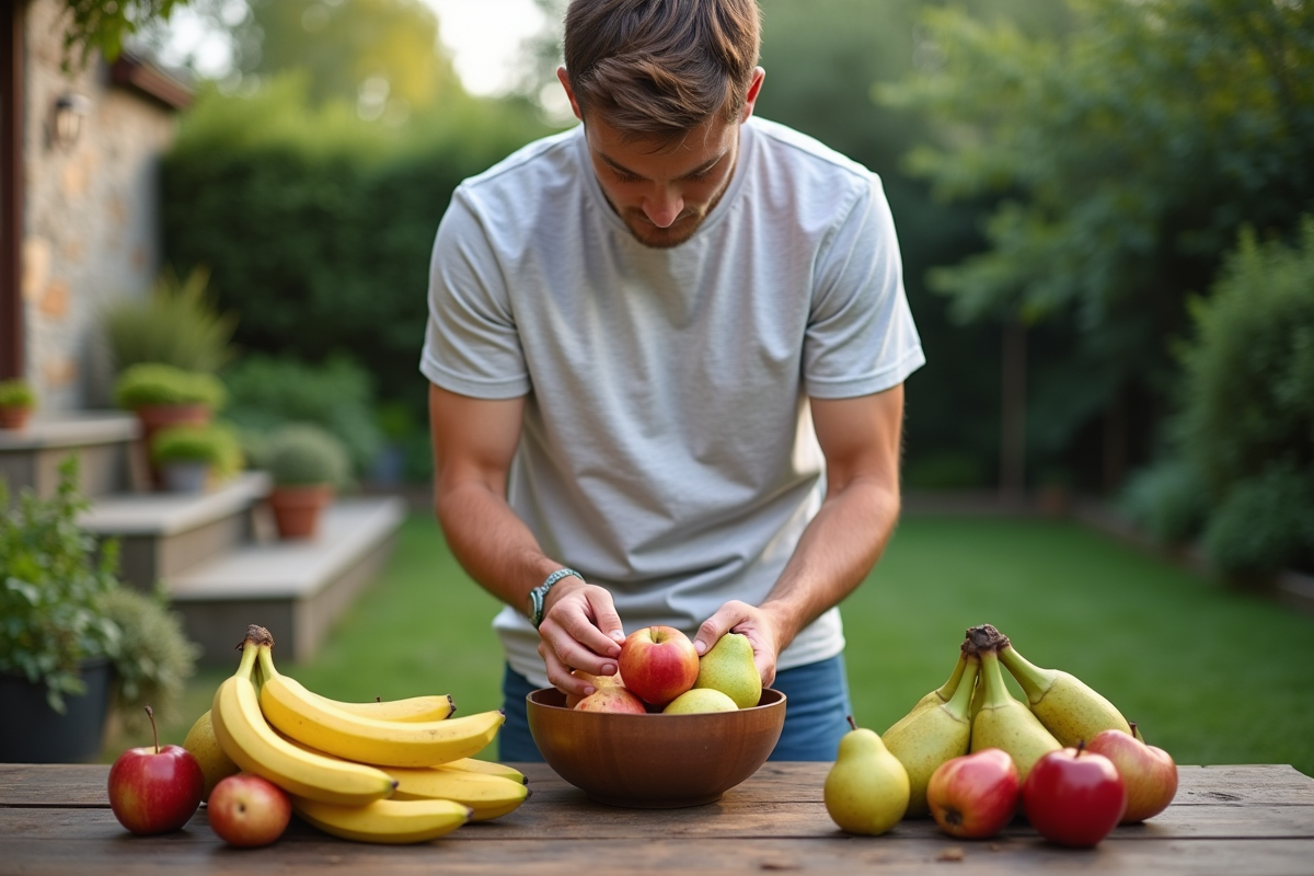 Jeune homme arrangeant fruits dans un bol en extérieur