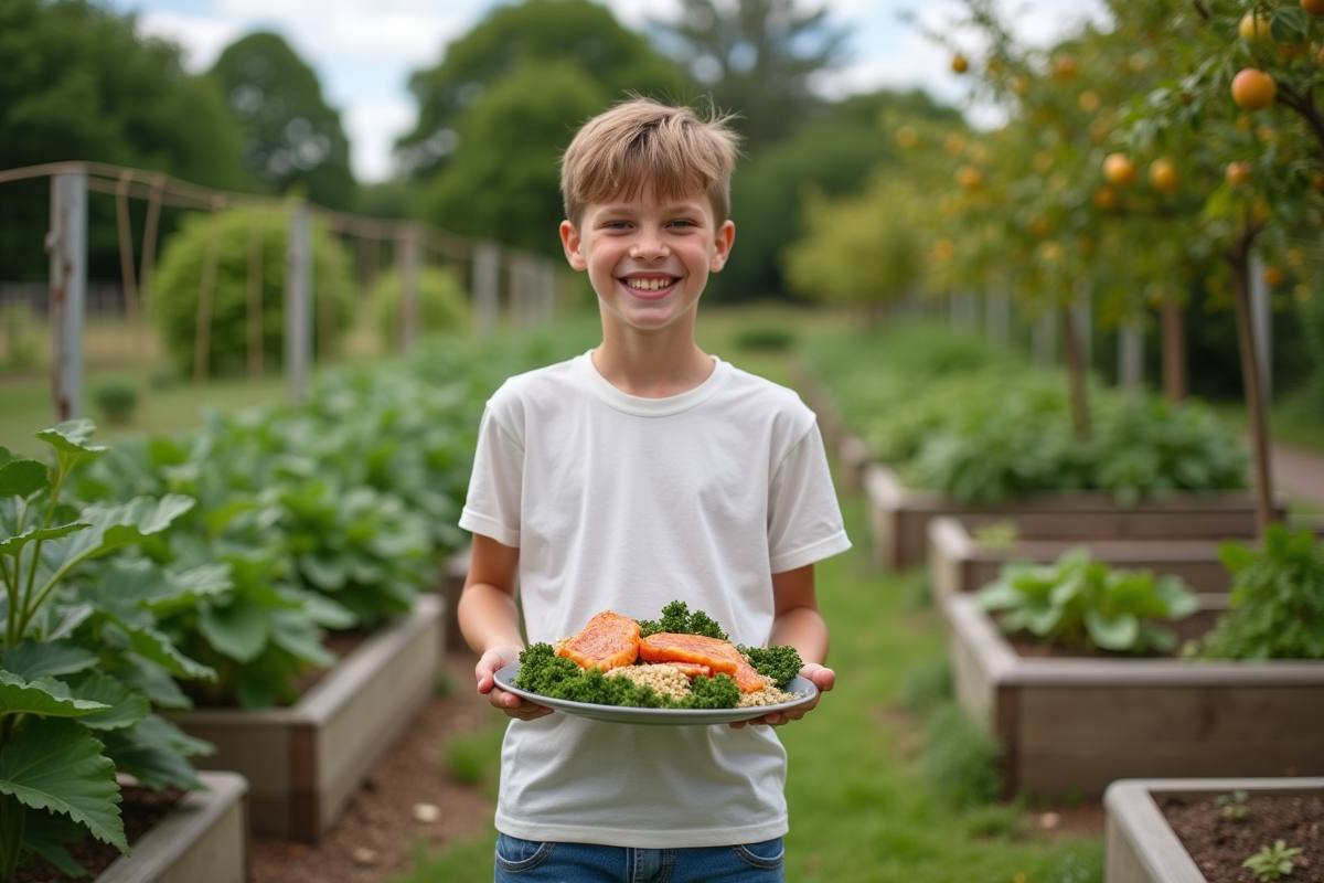 Jeune garçon dans un jardin avec un plat sain
