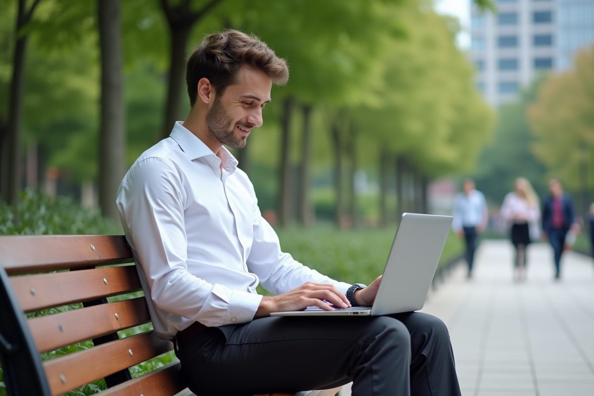 Jeune homme au parc utilisant son ordinateur portable