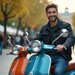 Jeune homme souriant avec scooter classique et moderne