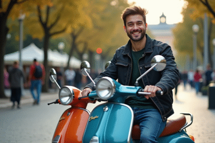 Jeune homme souriant avec scooter classique et moderne