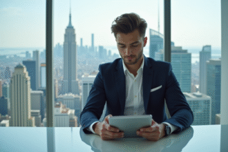 Jeune milliardaire en costume dans un bureau moderne avec vue urbaine