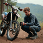 Jeune homme en motocross attachant ses gardes mains