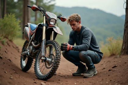 Jeune homme en motocross attachant ses gardes mains
