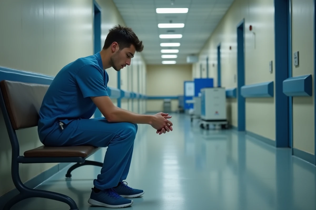 Jeune soignant dans un couloir d hôpital en fatigue