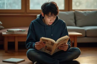 Jeune homme lisant un tome de manga japonais avec des notes manuscrites, illustrant le suivi des scans One Piece VOSTFR