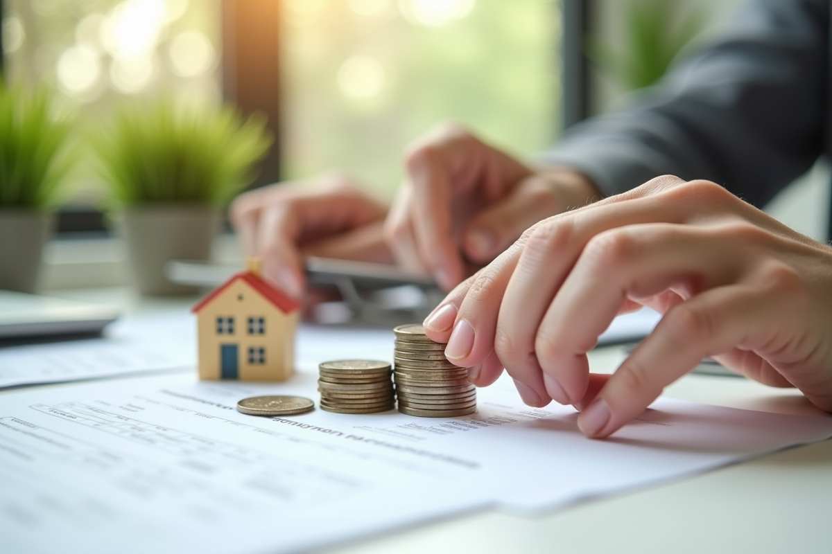 Mains empilant des pièces avec une petite maison en figurine et papiers