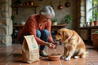 Femme française versant des croquettes françaises dans la gamelle de son golden retriever dans une cuisine rustique