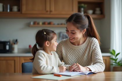 Femme aidant sa fille avec les devoirs dans la cuisine