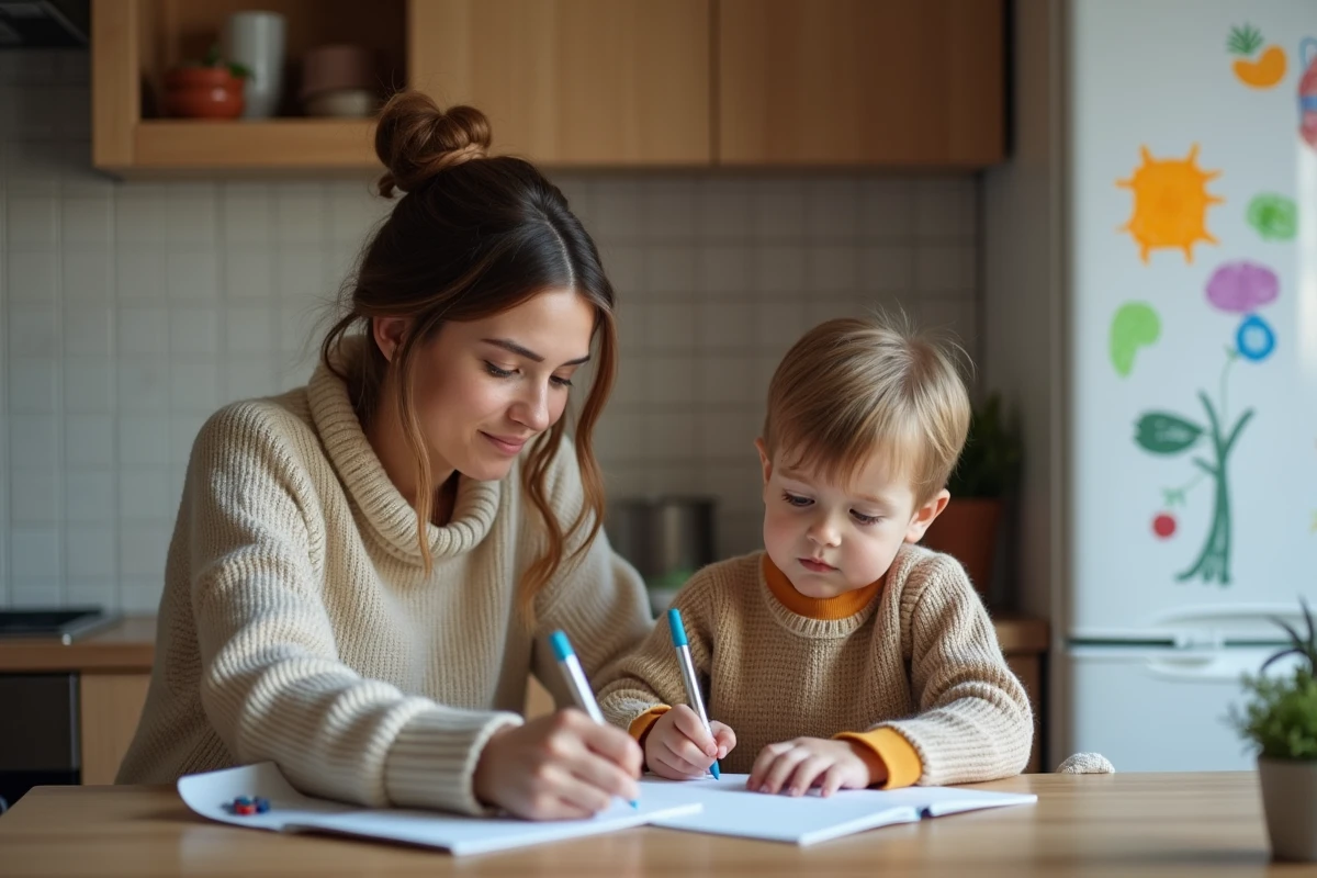 Maman et son enfant dessinant dans la cuisine chaleureuse
