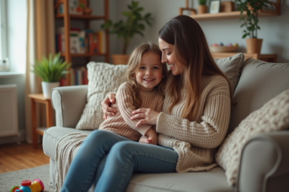 Maman et fille partageant un moment tendre dans un salon chaleureux