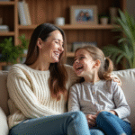 Mère et fille rient sur un canapé familial chaleureux