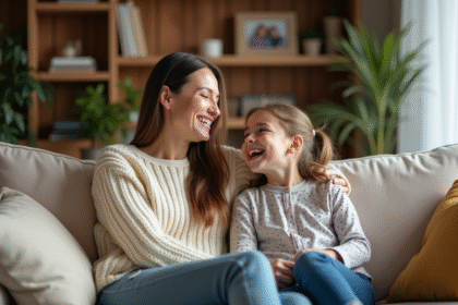 Mère et fille rient sur un canapé familial chaleureux