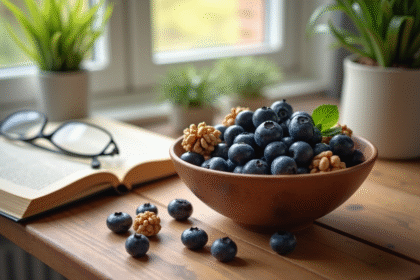 Bol de myrtilles et noix sur une table en bois avec livre et lunettes
